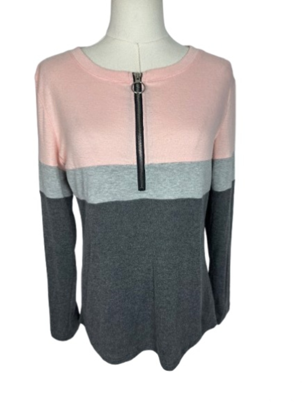 Zip-Front Colorblock Pullover Sweatshirt in Pink, Light Gray & Dark Gray